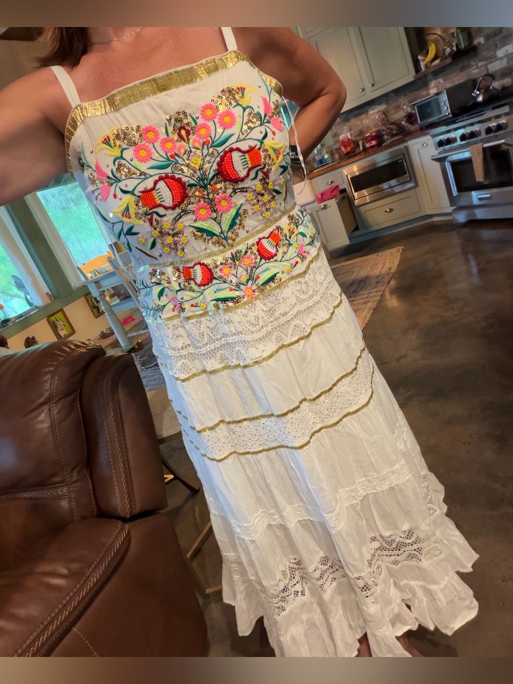 Boston Proper White Maxi Dress with Multicolor Floral Embroidery and Gold Trim